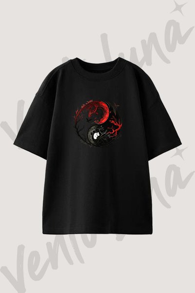 Vento Luna Yin Yang Ejderha Tasarım Baskılı Unisex Oversize Kalıp Siyah Tshirt