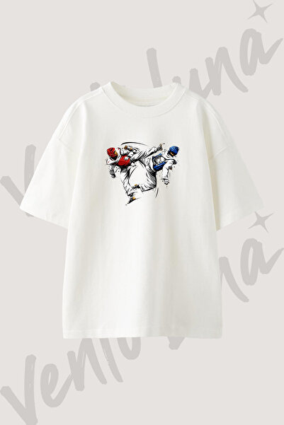 Vento Luna Taekwondo_1 Tasarım Baskılı Unisex Oversize Kalıp Beyaz Tshirt