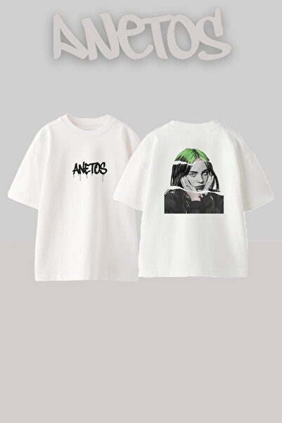 Anetos Billie Eilish_49 Λευκό μπλουζάκι με τυπωμένο σχέδιο Unisex Oversize