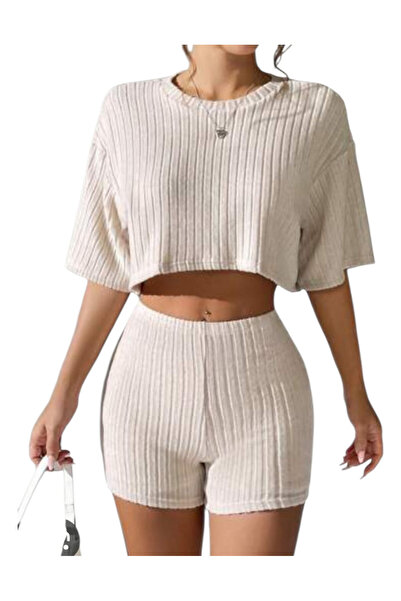 OEM Compleu din 2 piese, pantaloni scurti si top, din tricot, crem, XS