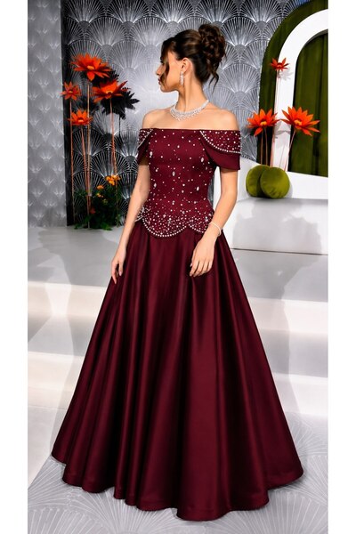 Jood Burgundy Off Shoulder Evening Dress with Shiny Embroidery