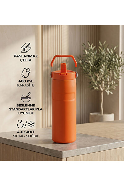 vegahediye v vega Taşıma Saplı Pipetli Paslanmaz Çelik Termos 480 mL