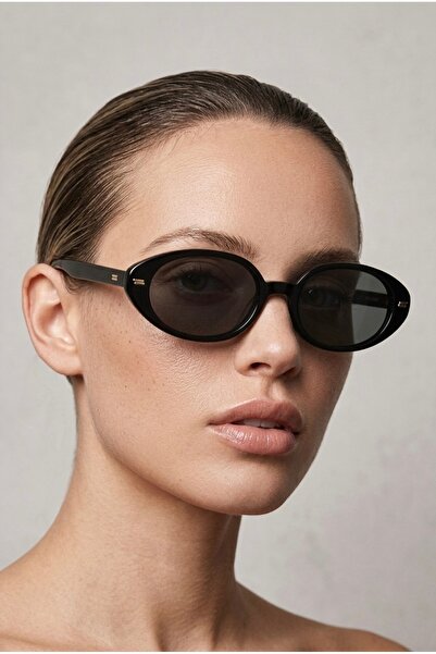 REN EYEWEAR Naomi Women's Sunglasses Oval Capsule Shiny Black Gold Line Detai...