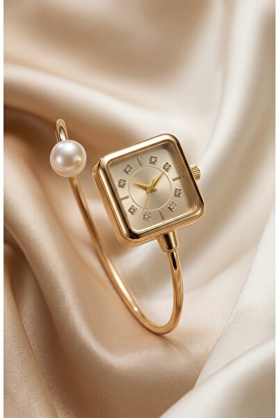 KLISHE Butik Women's Steel Watch Gold Color Square Case Pearl Detailed Vintag...