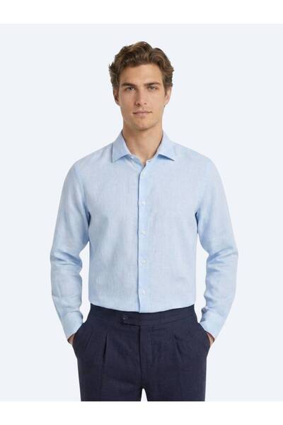 Kip Blue Regular Fit Long Woven Casual Cotton Blend Shirt