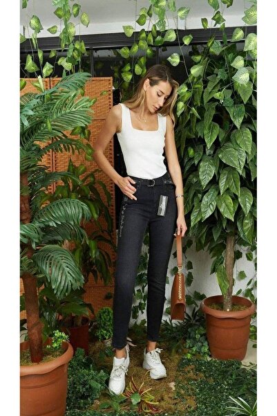 FashionApp Blugi de damă, elastici, skinny, cu curea cu strasuri, negri