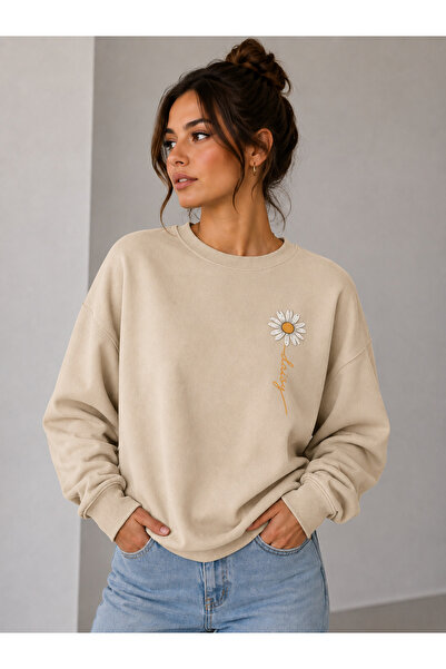 caddekombin Women's Aesthetic Vertical Floral Printed Crew Neck Sweatshirt