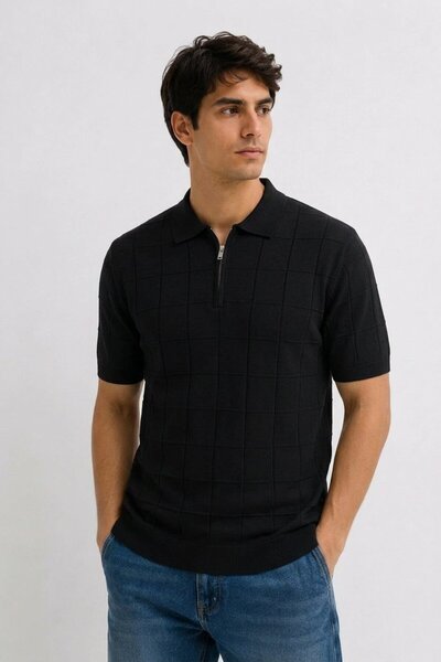 Maccali Men's Regular Fit Striped Knitwear Black Polo Neck T-Shirt