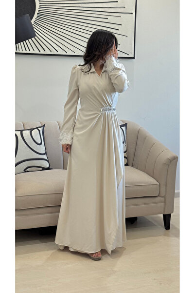 TREASUREISLAND "Darine" Long Crepe Dress with Feather Sleeves and Embroidered...