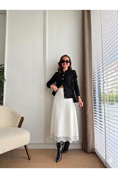 the baleria LASTİKLİ DANTEL DETAY SATEN ETEK