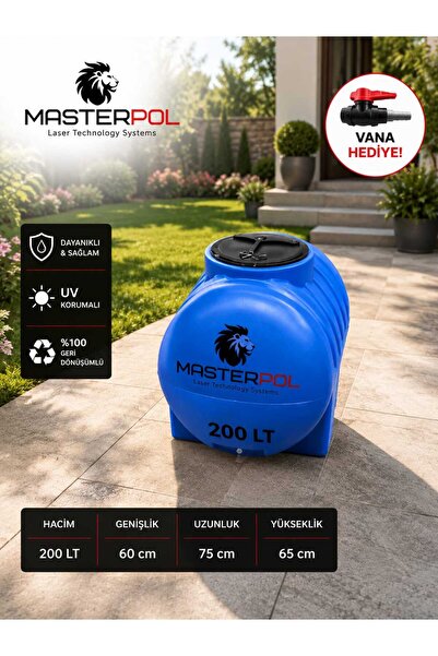 MASTERPOL 200 Lt YATAY MAVİ Su Deposu Vana Hediye Tankı Bidonu Karavan