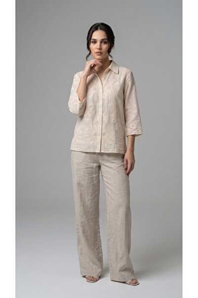 centilmen Asso Floral Embroidered Transparent Linen-Look Casual Shirt 885