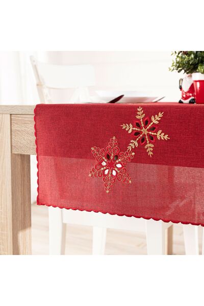 Markizeta Traversă de masă roșie brodată cu fulgi de zăpadă 40x140 cm