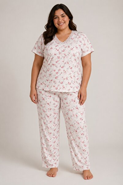 CottonVia Mother's Pajama Set, V-Neck, Lace, Short Sleeve, 100% Cotton, Witho...