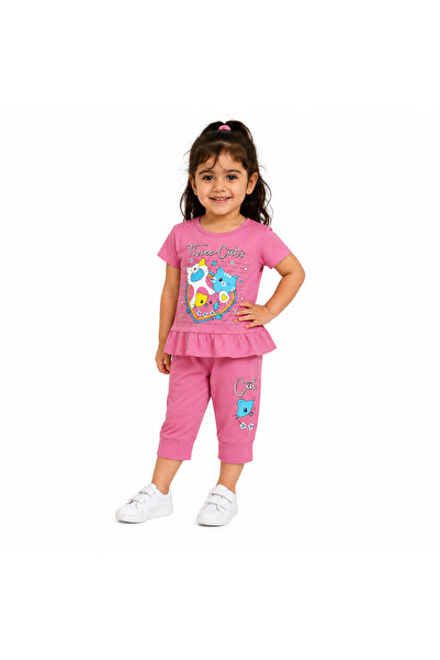 Generic Girls' Set 2 Pieces T-Shirt and Pink Capri Pants with Cat Print