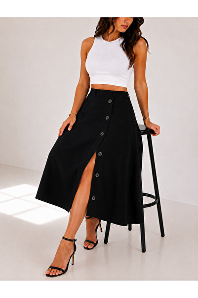 YAXİ Six-Piece Black Woven Skirt with Button Detail