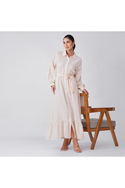 LINELLE Dusty Pink Solid Band Collar Buttoned Maxi Dress