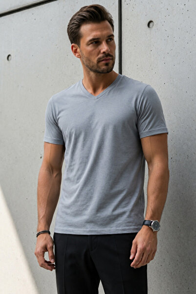 DAMGA JEANS Men's Relaxed Fit Gray Loose V-Neck T-Shirt