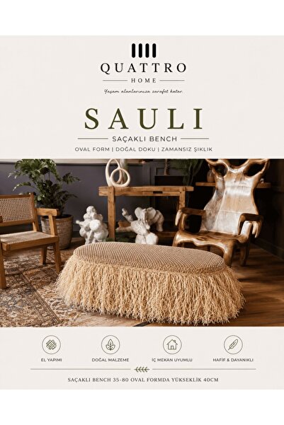 QUATTRO HOME SAULI Saçaklı Bench 35x80 cm Oval Form Hasır Dokulu Dekoratif Pu...