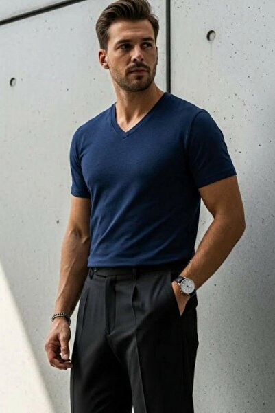 DAMGA JEANS Men's Relaxed Fit Navy Blue Loose V-Neck T-Shirt
