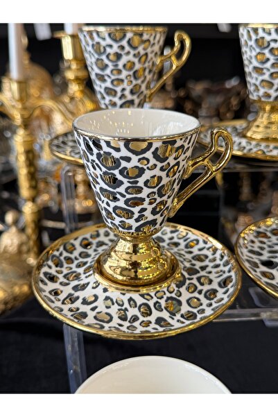 LOKMAN ZÜCCACİYE SHOWROOM 6-Piece Gold Gilded Leopard Pattern Footed Coffee C...