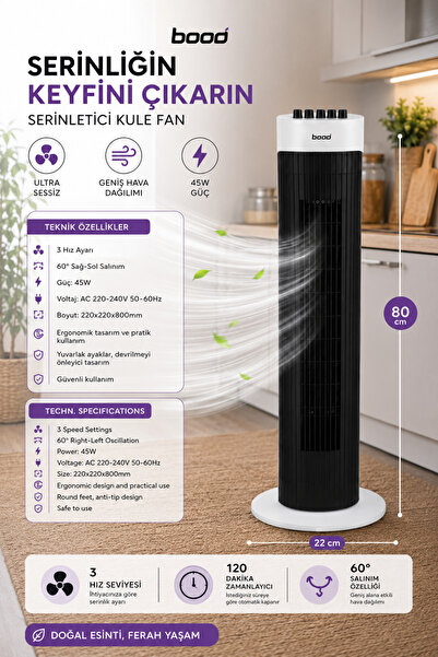 Kerasus BOOD 80 cm Kule Vantilatör 45W Sessiz Kule Fan 3 Kademeli Hız Ayarlı ...