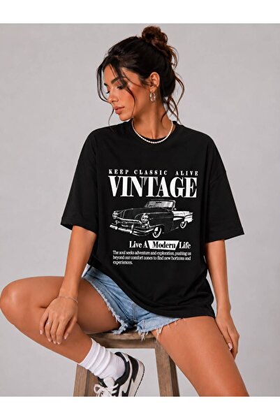 khufu Black Oversize Fit Cotton Keep Classic Vintage Printed Relaxed Cut T-Sh...