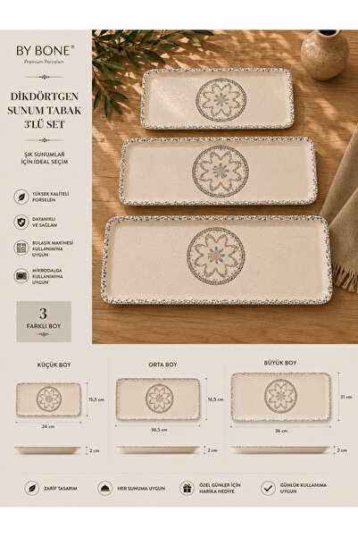 By Bone Porselen By Bone Premium Porselen 3'lü Dikdörtgen Sunum Tabağı Seti -...