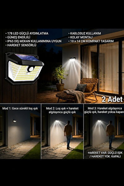 ALFAGİFT 2 Adet Güneş Enerjili Hareket Sensörlü 178 LED IP65 Dış Mekân Duvar ...