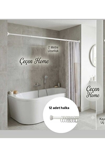 ÇEÇEN HOME 2 Metre Banyo Duş Perdesi Askı Borusu-HalkaTeleskobik Ayarlanabili...