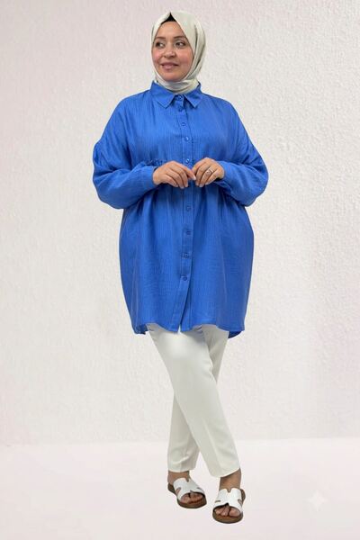 Eslina 68069 Büyük Beden Büzgü Detaylı Double Tensel Tunik - İndigo