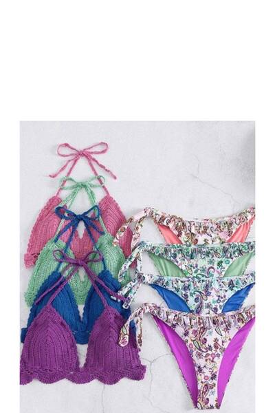 FashionApp Costum de baie, de damă, din două piese, sutien tricotat, chiloți ...
