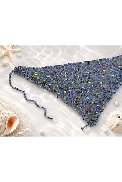 ESYCREATİVE ESY Mavi Renkli Pullu Bandana, Bohem Örme Saç Bandanası