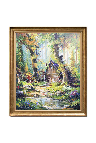 artnova Рамкирана ръчно рисувана пейзажна картина, На хижи в гората, 70x60 см...