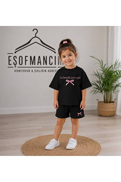 Eşofmancım Girl's Summer Shorts T-Shirt Set with Ribbon and Printed Text