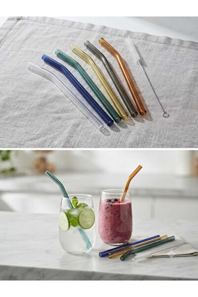 Lider MAGNESİA Colorful Borosilicate Glass Straw Set 6 Straws + 1 Cleaning Brush