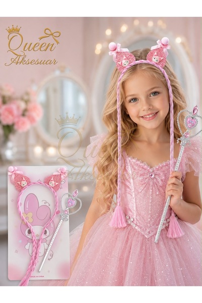 QUEEN AKSESUAR Sevimli my melody süslü örgü sarkıt postişi Taç Asa Seti pembe...