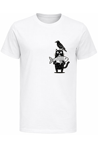 Efendioğlu Design Cute Cat Holding Fish Printed Unisex T-Shirt |   Minimal Bl...