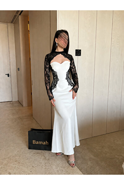 Bamah Luxurious White Mermaid Evening Gown Featuring Luxurious Black Lace on ...