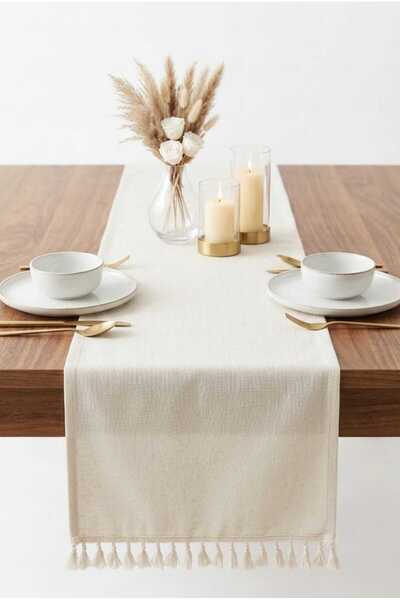 linea natura home 2 Kenar Püsküllü Vintage Keten Runner 40x140