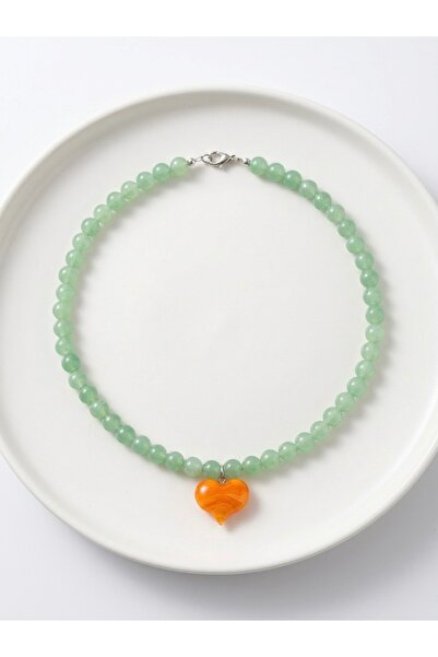 SLNSTYLE Cam boncuk yeşil turuncu kalp murano kristal taşlı boncuklu love kolye