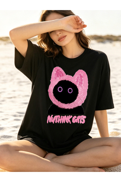 Fleck Casual Style T Shirts For Men Pink Cat Face With Purple Eyes And Text N...