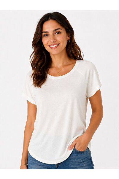 modavingo Women's Ecru Raglan Sleeve Crew Neck Basic Blouse