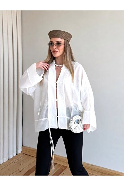 Laluvia White String Lace Transparent Kimono - 5098