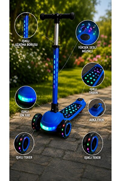 PlayZen Işıklı Müzikli 3 Tekerlekli Çocuk Scooter, Led Tekerlekli, Işıklı Tabanlı, Arka Frenli Scooter 3+ Yaş