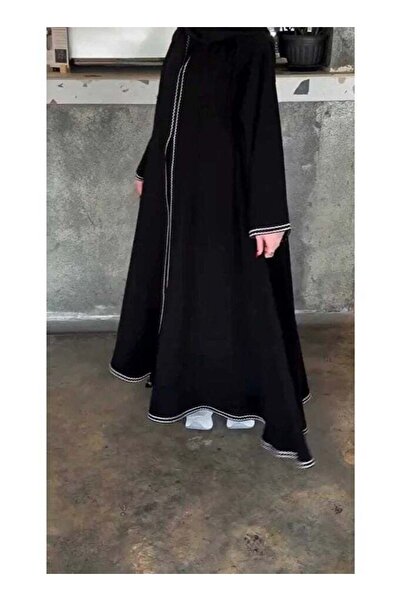 HYX Black Half-Circle Abaya with Lace Trim, Wide Sleeves, and Front Button