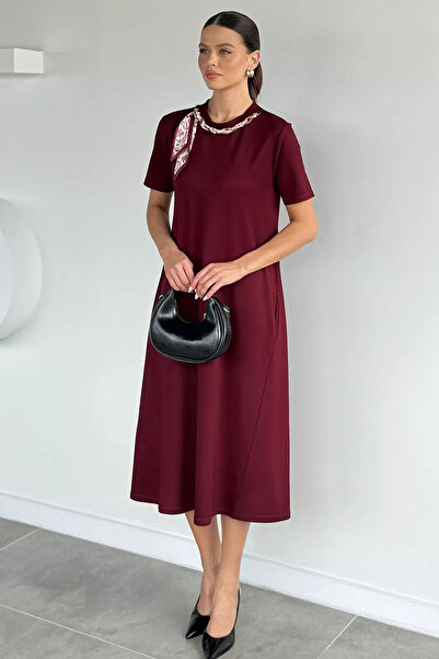 Aryena Burgundy Gülseli Women's Dress with Scarf Accessories