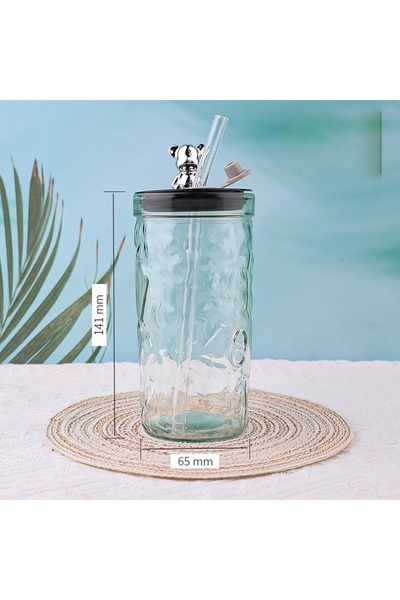 Generic Luxury Little Bear Glass Water Cup with Lid and Straw High-end Transp...
