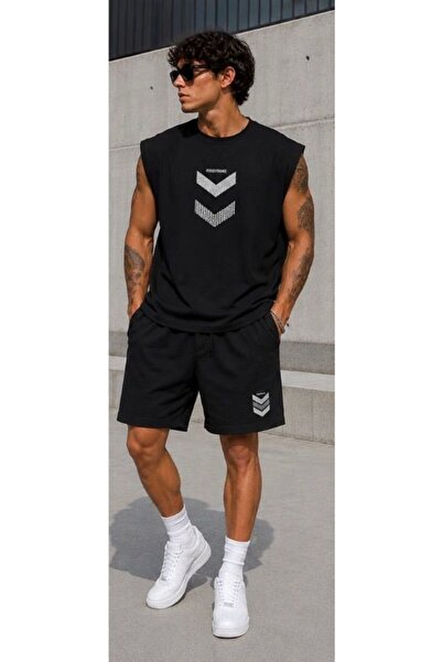 ALCİNOUS Men's Printed Sleeveless Sports T-Shirt Black Combed Cotton Shorts 2...