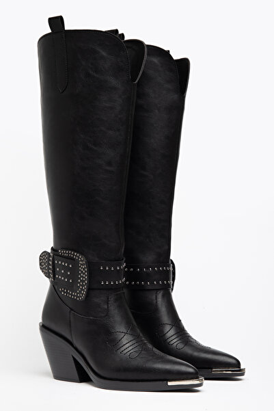 DENORA Black Matte Leather Big Buckle Trok Detail Western Cowboy Knee-High Boots